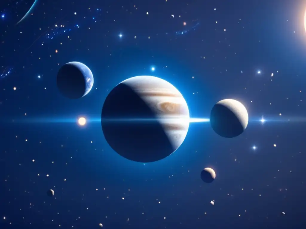 Embarrassment for the news whose response to this major discovery was to inform the public about something that was not well known before, about its large size, and how it was barely recognized due to its faintness and extremely distant location from Earth, showcasing the magnificent clear blue reflection of light on the surface of Quaoar and its moons emanating from it, appearing as if it is orbiting around their light, emphasizing its insignificance in the vast darkness of the background space, the faint stars and planets drifting in the abyss, all connecting to the wonder and importance of exploring the mysteries of our solar system