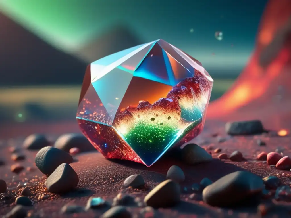 Quartz shocks atop reddish volcano, iridescent blue to green inclusions crawling along the surface, closely spaced craters punctuated by debris