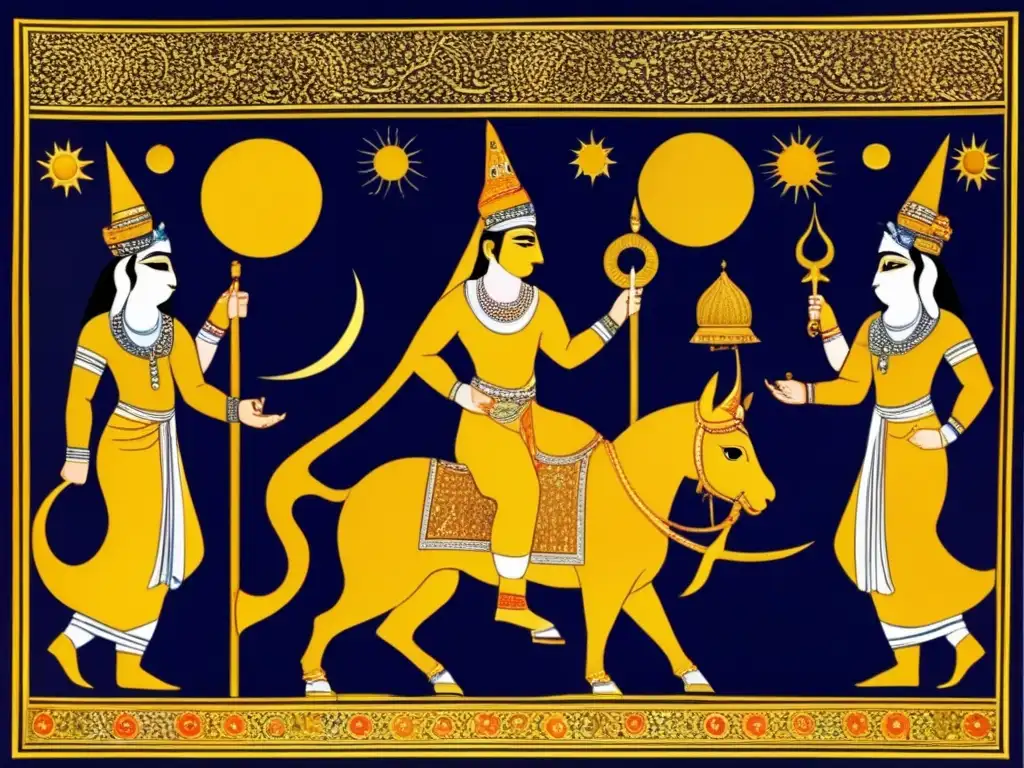 Beyond the Cosmos: Ancient Persian Mythology and Celestial Deities Foreshadowing of ancient Persian mythological figures and celestial bodies, such as Rashidun, Sin, and Spandumar, in dynamic poses with intricate detailing on their clothing and accessories, portrayed in a highly realistic manner, accompanied by captions explaining their significance in Persian mythology