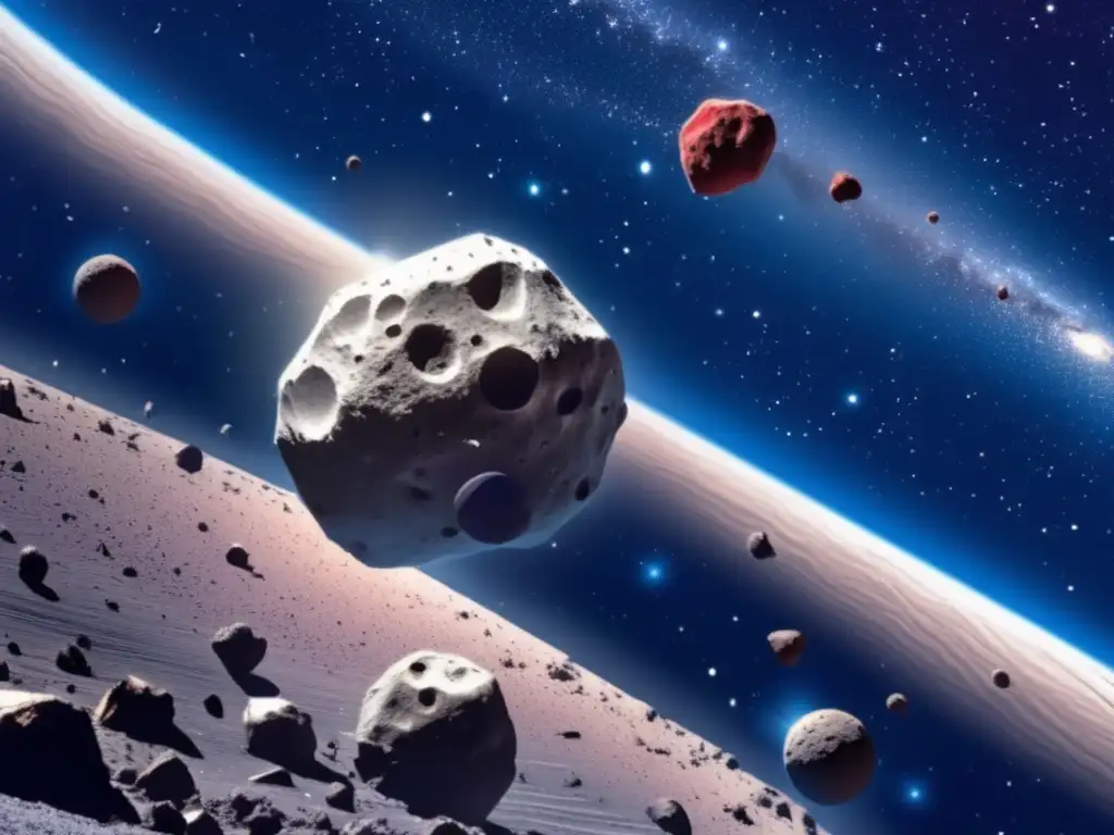 Dazzling photo of an asteroid belt! One large, deep red asteroid flanks a field of silver and dark grey rocks, all with white craters and ridges