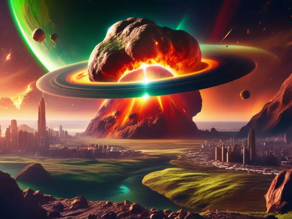 Asteroid Rebirth: Glowing Red and Green Planet Erupts with Life - A fiery red asteroid, adorned with intricate patterns, swirls through the void of space