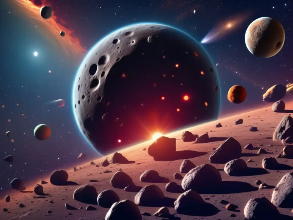 A stunning photo of an asteroid belt, with a giant red diamond-like asteroid glistening in the distance