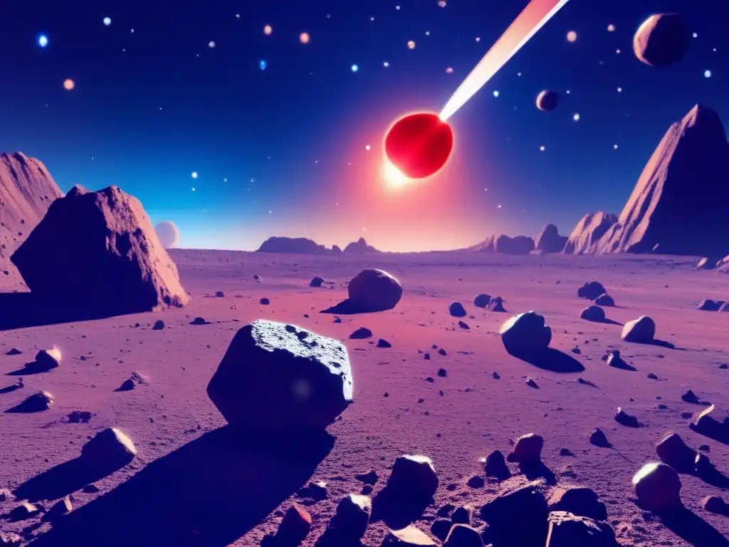 A desolate investigation: a small red probe probes an iridescent asteroid field, while a faint blue planet peeks in the distance