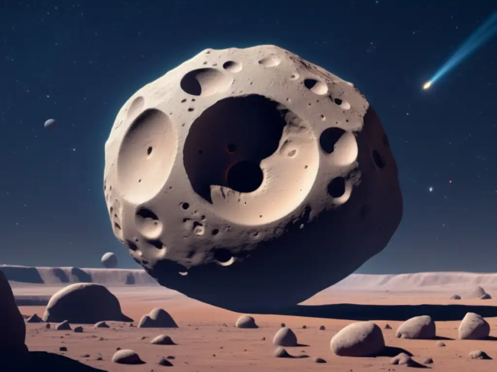 A breathtaking close-up of asteroid Rhesus, displayed in photorealistic clarity, featuring distinct ridges, craters, and other geological patterns