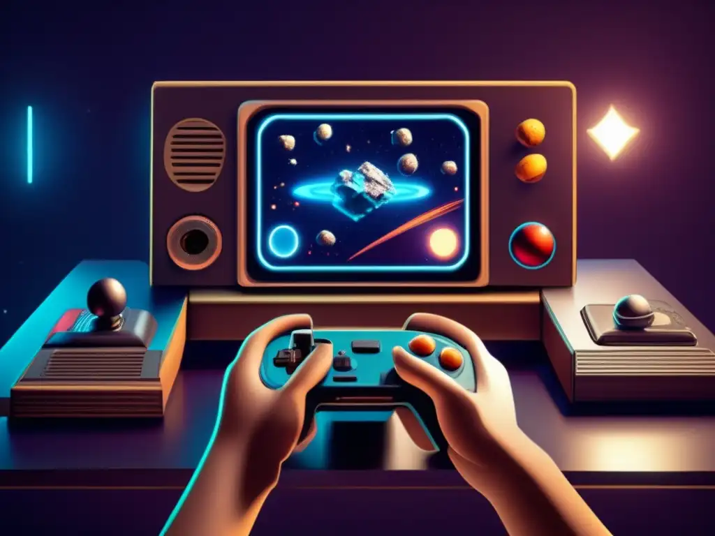 Pixelated Blast: Video Game Vintage Console Unleashes Asteroids A photorealistic image of a vintage video game console in action, blasting asteroids while interactive pieced together in a dim, livable space