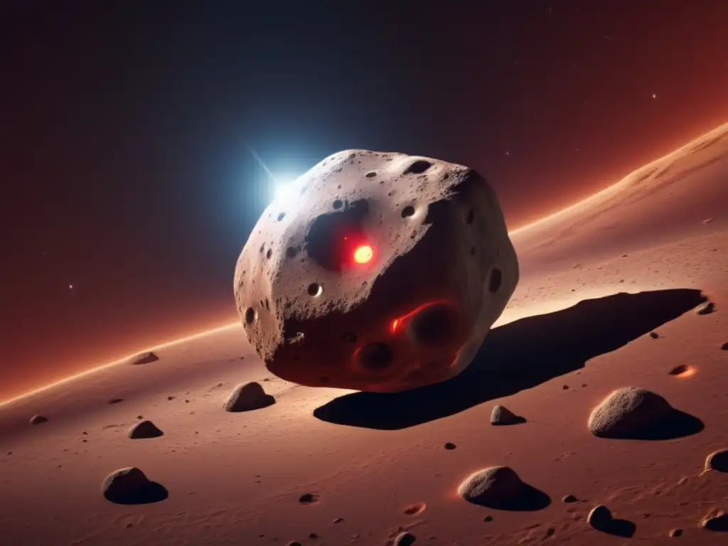 A stunning image of the highly detailed asteroid Rhesus, showcases its unique features with a realistic texture and lighting