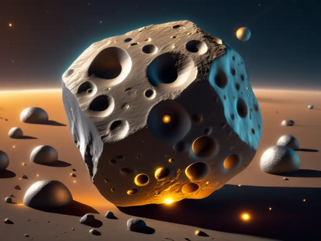 A stunning photorealistic image of Asteroid Rhesus in Incandescent silver value range, orbiting the sun with dramatic shadows and shimmering light accents, showcasing its unique features such as craters and ridges, a metallic silver color palette, and Rayleigh scattering from a close perspective