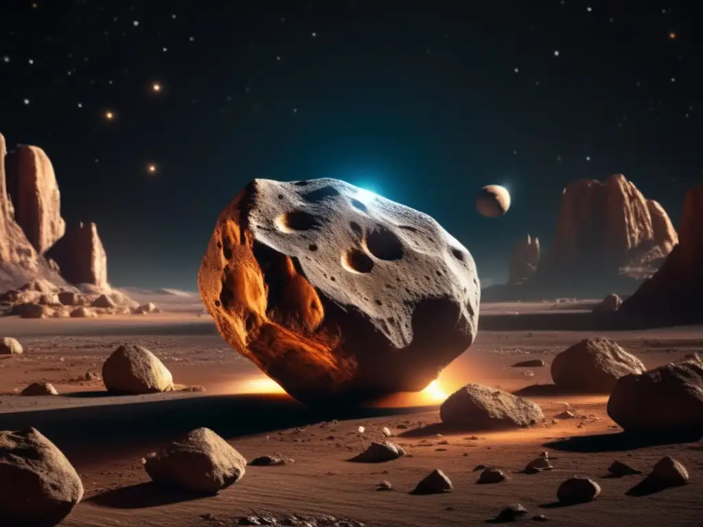 A breathtaking image of an asteroid that resembles Rhesus, with intricate rock formations and shiny metallic accents against a black space backdrop