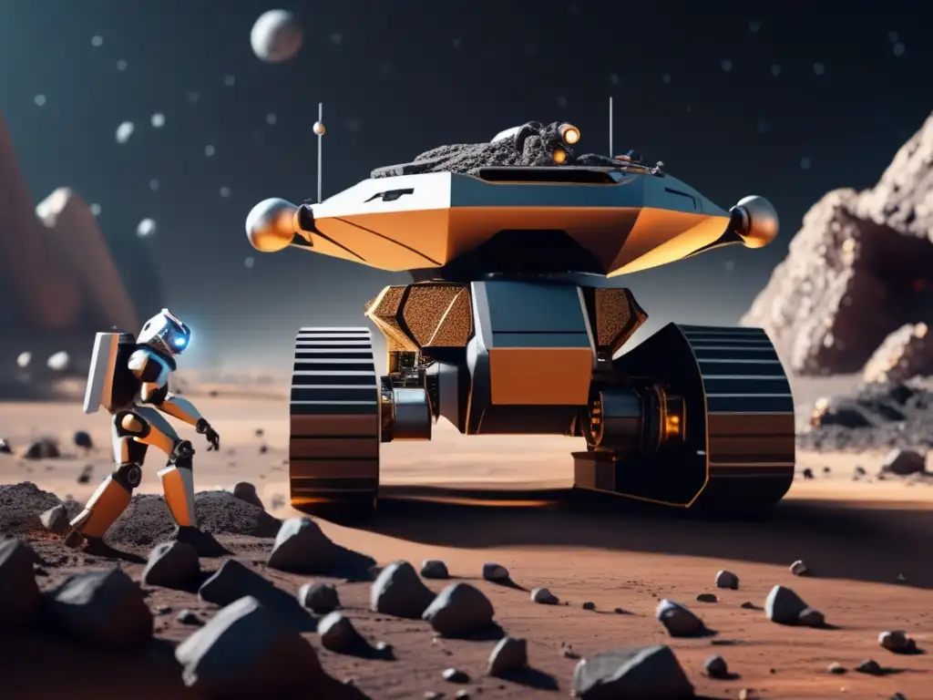 A stunning photorealistic portrayal of a robot diligently mining an asteroid pit in a boundless space environment