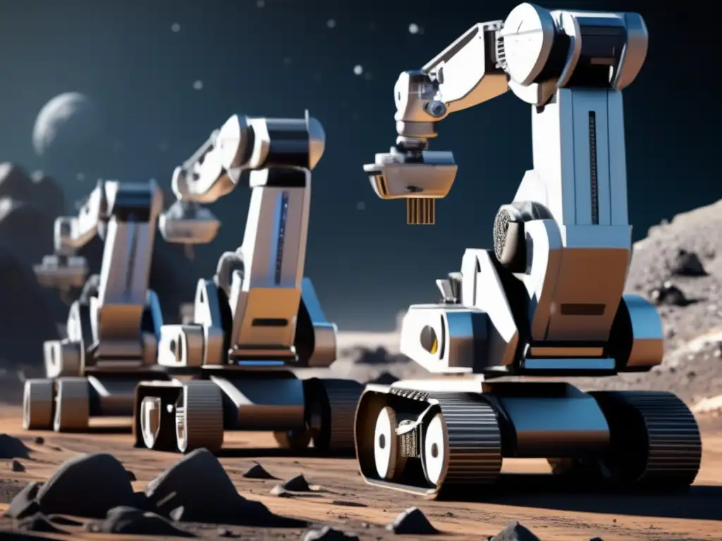 A photorealistic image of robotic arms on an asteroid mining site, working in perfect harmony to collect resources from the rock's surface