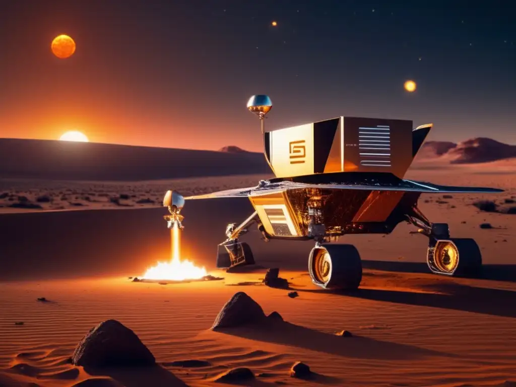 A fiery sun rises over a desert landscape as two robotic arms extend from a distant spacecraft; the following will be done
