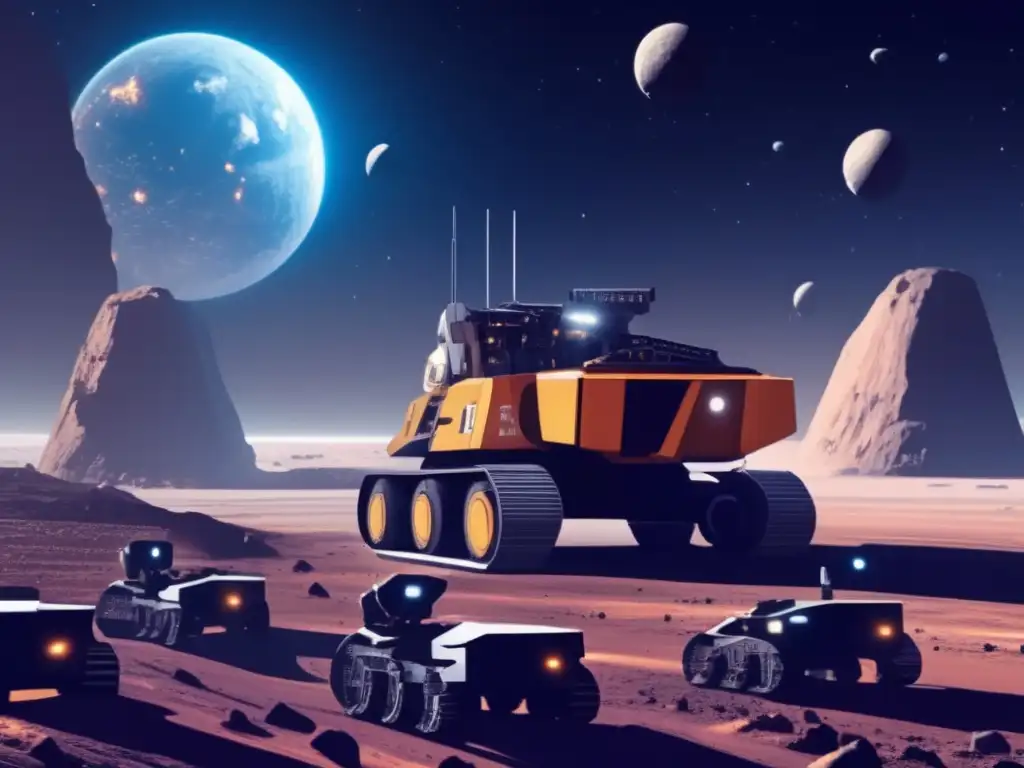 Robotic excavators harmoniously mine asteroid, showcasing advanced technology and impressive precision