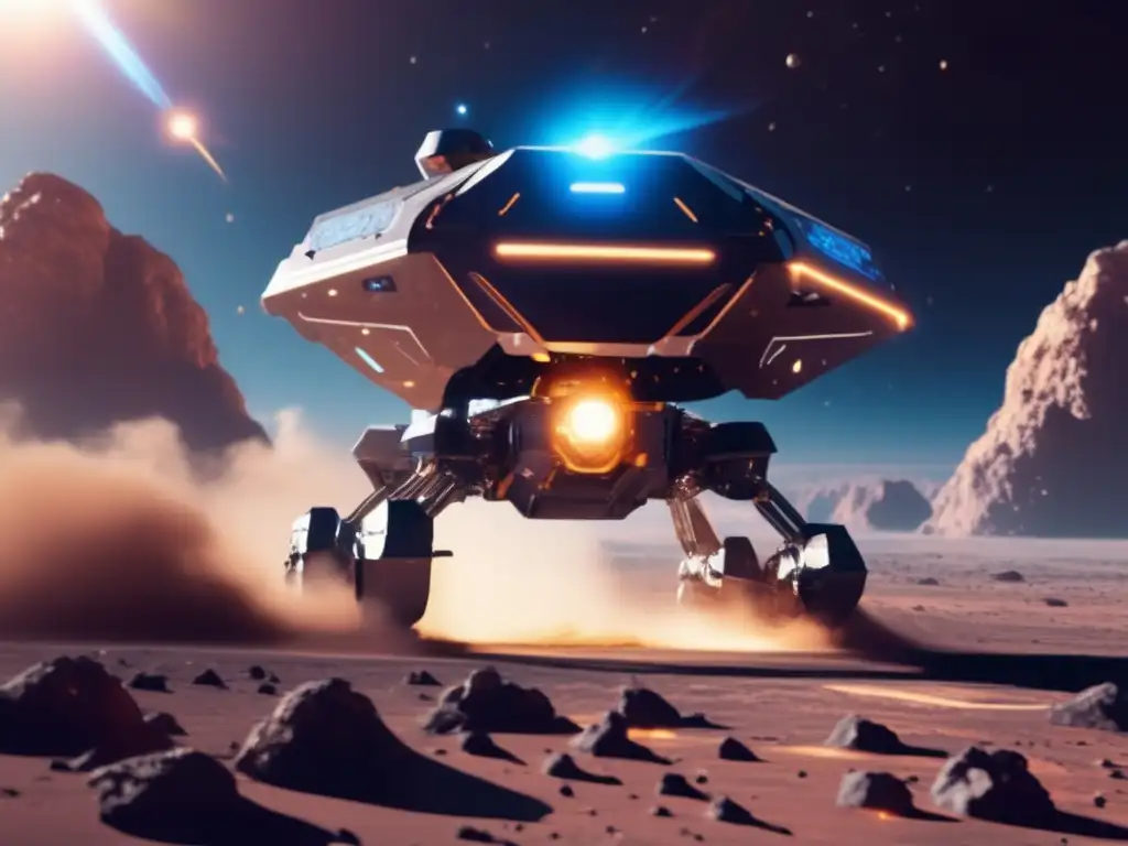 Futuristic asteroid mining robot hovering in front of a swirling asteroid cloud with a gleaming surface reflecting harsh sunlight