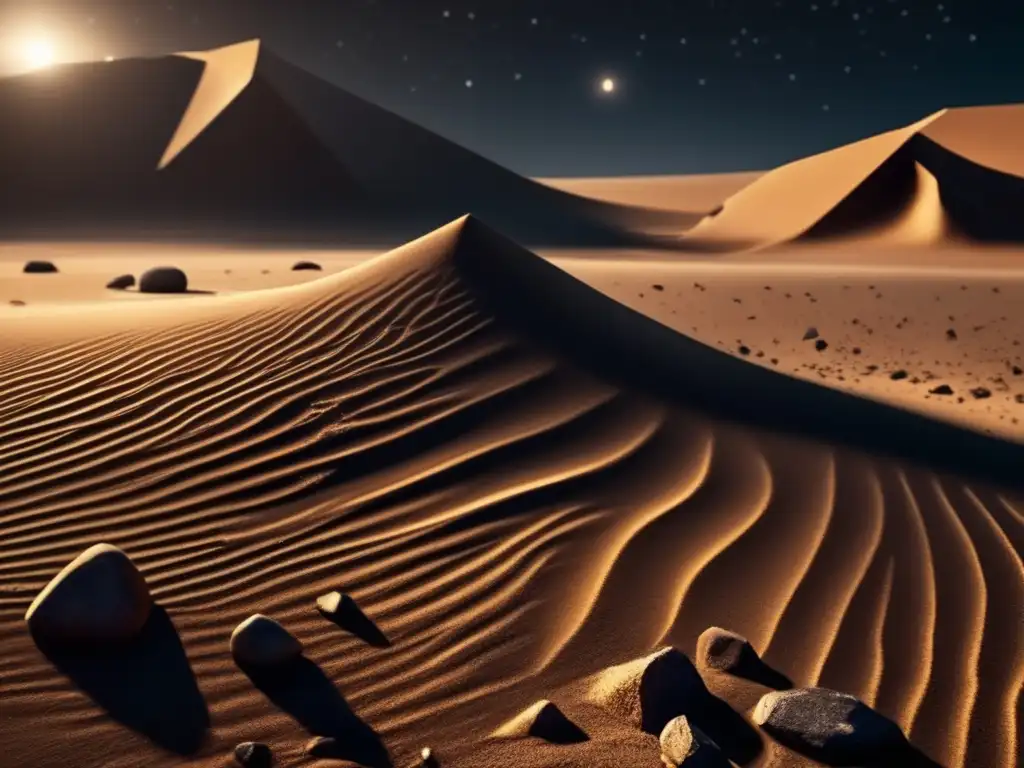 A dark and dusty surface, with jagged edges and small rocks scattered about