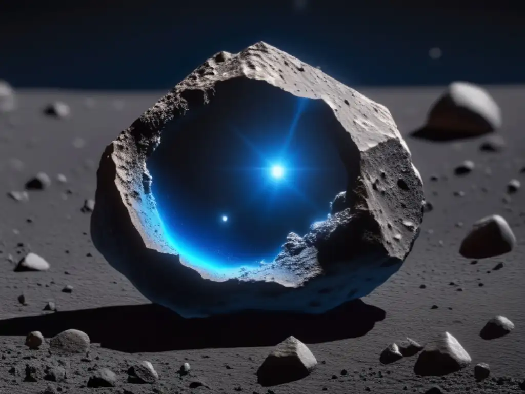 Interstellar Liquid: Asteroid Life Possibility - A photorealistic depiction of a massive rocky asteroid with a glowing blue center against a deep black space background
