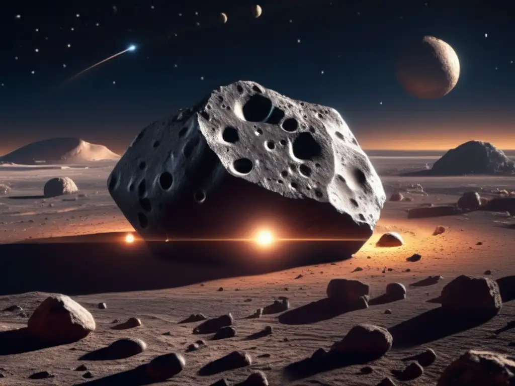 Astrophotography: Majestic Asteroid Exploration A stunning photorealistic closeup of a rocky asteroid, adorned with intricate craters and scientific equipment