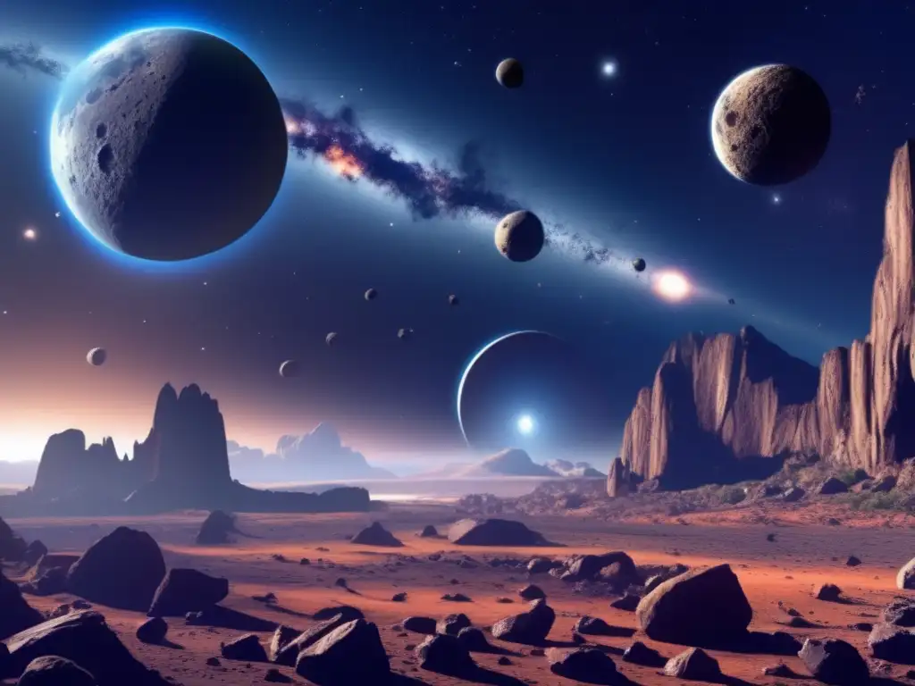 A Planet of the Apes-Like Future: The Rise of Chimps as Film Icons A photorealistic image of a rocky asteroid field on a blackbordered planet, with light emanating from a nearby star
