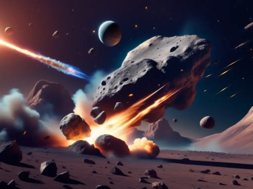A powerful asteroid, a deep shade of rocky brown, rapidly hurtling through space with trailing smoke and debris