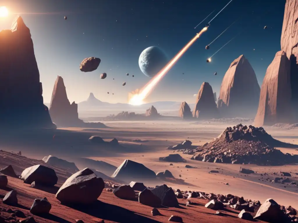 Asteroid Mining: Dangerous Beauty A photorealistic image of a rocky landscape with visible space below, illuminated by the sun with a slight blue hue
