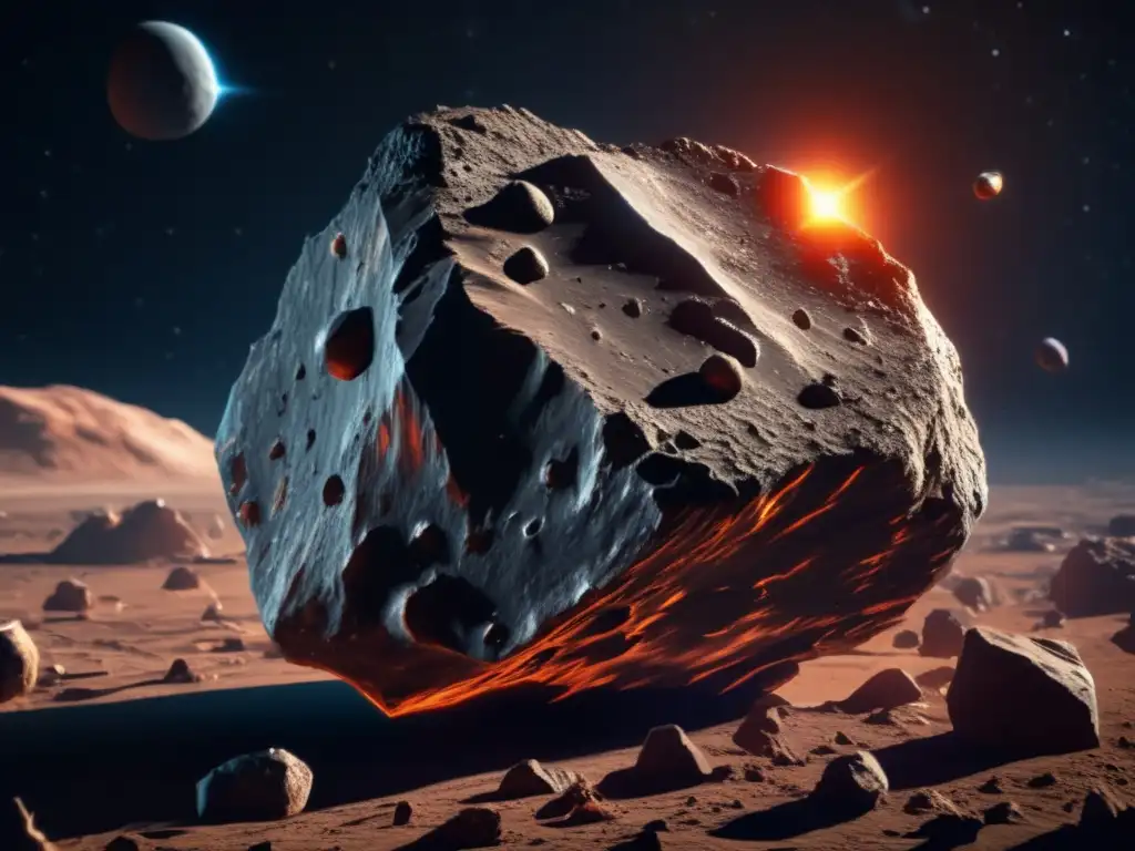 A stunning, hyperrealistic depiction of an asteroid's rugged, rocky surface in the vast expanse of space