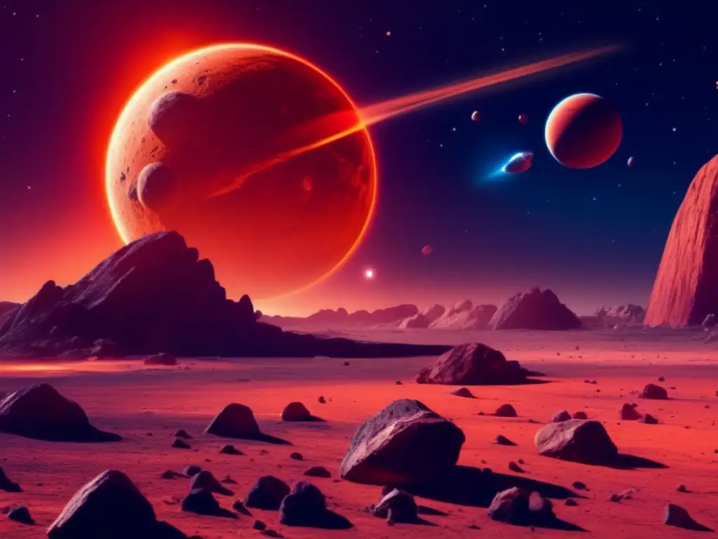 Asteroid impact on planet, surrounded by debris and cascading into atmosphere, causing explosion -