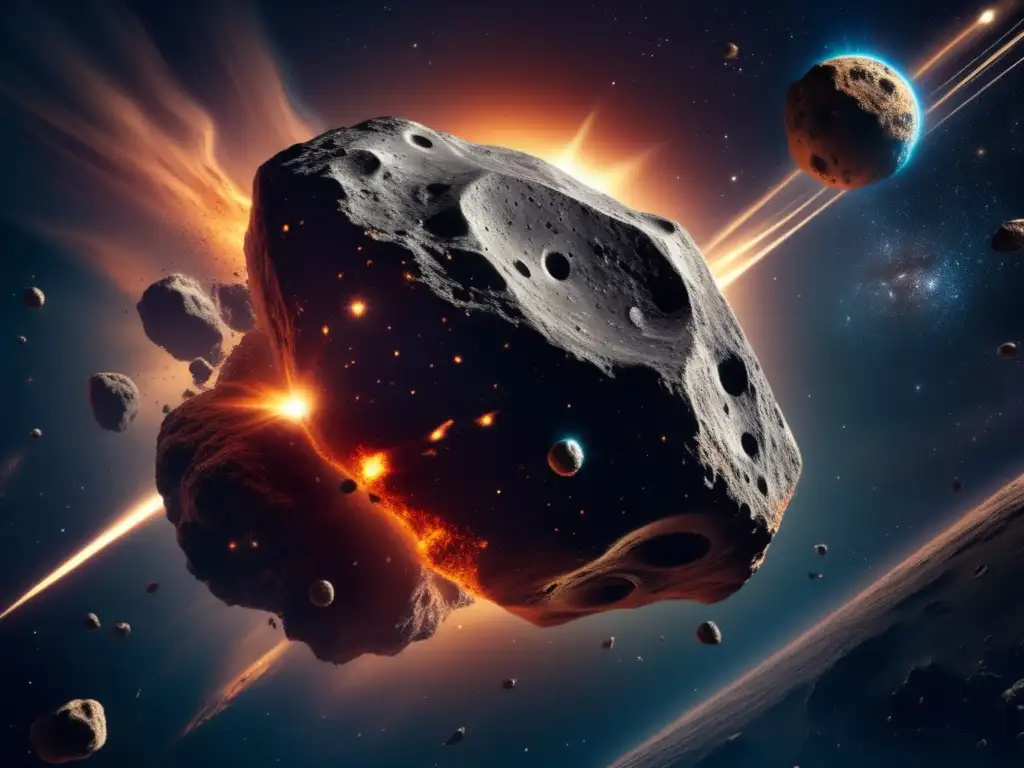 1997 XF11: Rugged Asteroid in Cosmic Swirls Dash - An awe-inspiring photorealistic image of an asteroid zooming through the cosmos, with nebulae and cosmic dust swirling around its surface