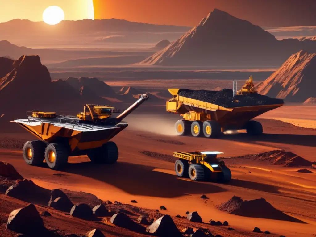 An enormous asteroid mining ship anchored in a vast, open mining site, surrounded by rugged and forbidding terrain