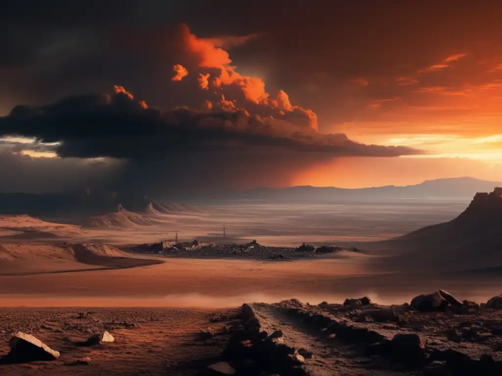 A haunting vision of a desolate landscape, battered by time and elements, with shattered ruins and barren hills