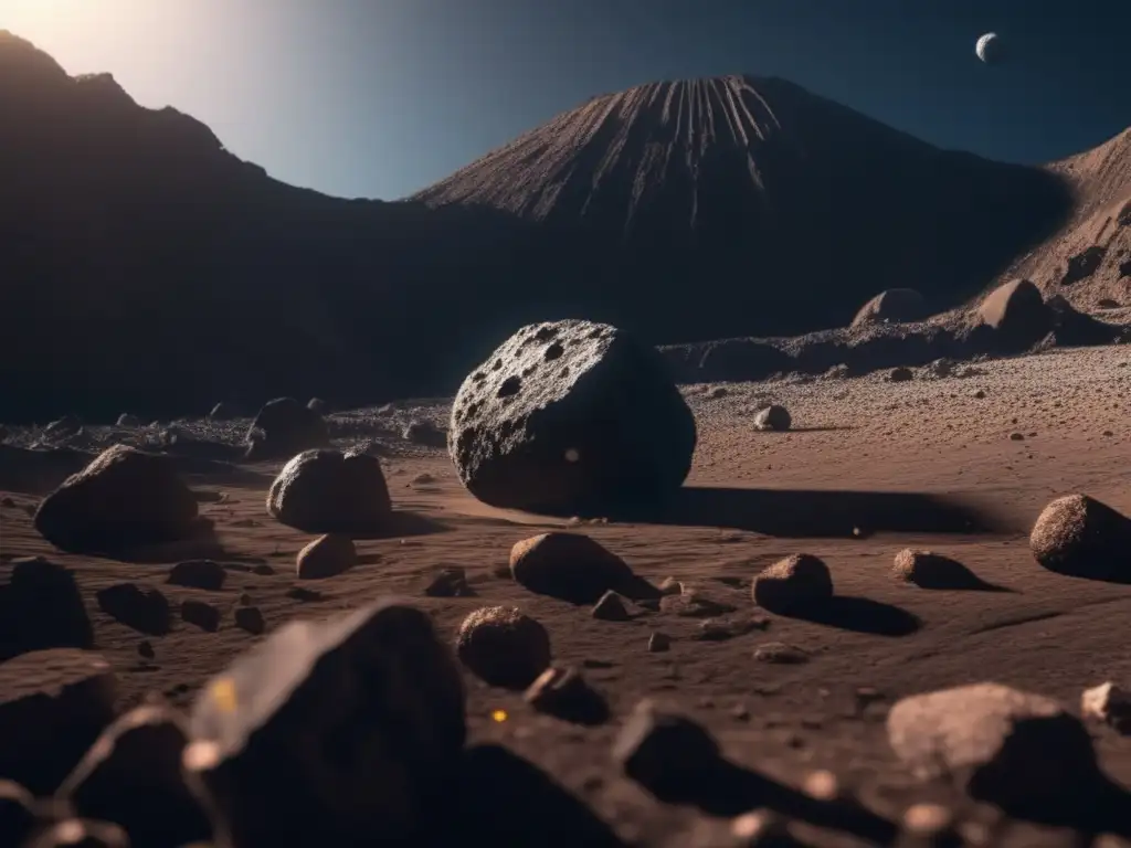 Dash- A breathtaking 8k resolution photograph of Ryugu asteroid showcases its craters, cliffs, and boulders illuminated by natural sunlight, capturing its true color in photorealistic style