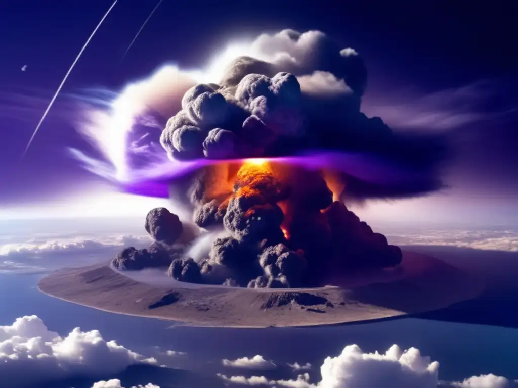 A catastrophic asteroid impact wreaks havoc on Earth, spewing debris, ash, and smoke into the atmosphere in this photorealistic satellite image