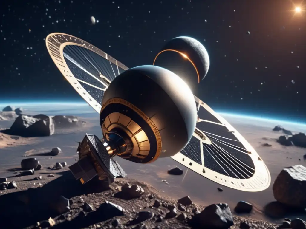A breathtaking view of the satellite in orbit, with detailed metal surface and asteroid field surrounding it, creating a sense of grandeur and scale