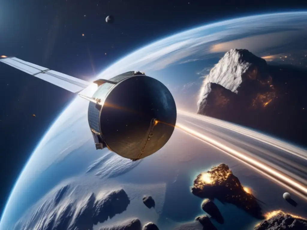 A lone satellite orbits Earth, leaving a trail of debris in its wake, capturing the vastness of space and the potential for asteroid mining