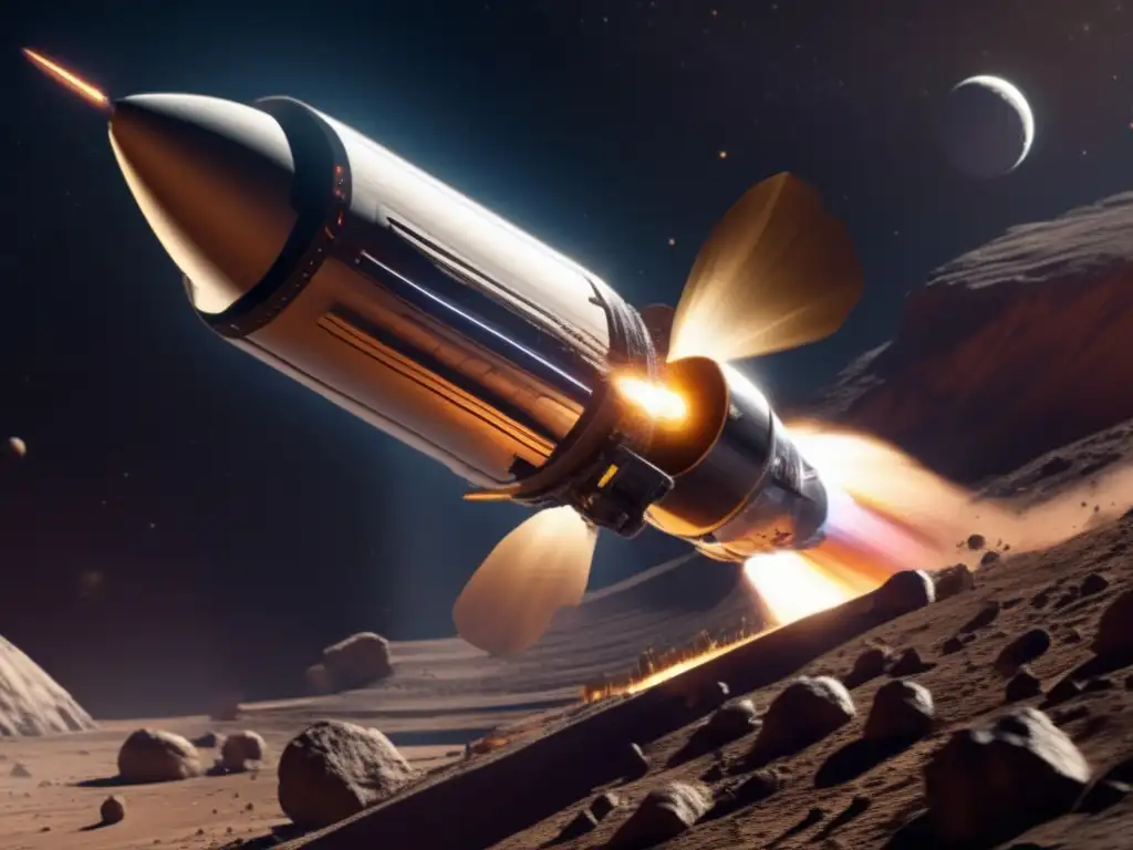 An awe-inspiring Saturn V-like rocket lifts off, propelling a metallic spacecraft equipped with a drill into the chilly expanse of the asteroid belt