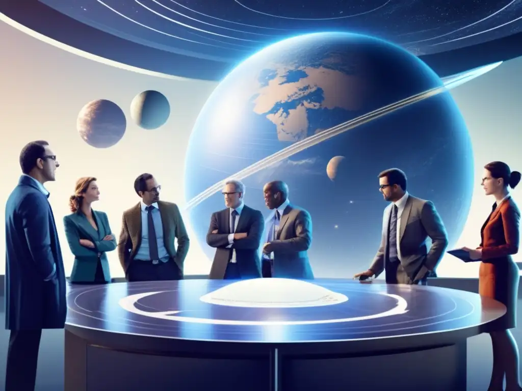 Group of scientists and engineers studying a detailed blueprint of a planet, focused on preventing asteroid collision