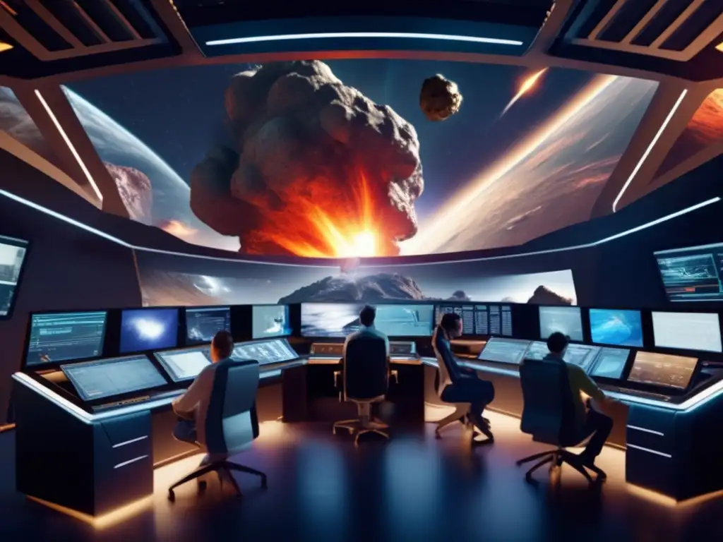 Defining Disaster: Hightech Control Room at Epicenter of Asteroid Threat A tense team of scientists and engineers gather in a high-tech control room to save humanity from an asteroid hurtling towards Earth, relying on advanced technology and weapons systems