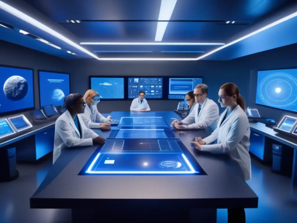 A bluelit laboratory buzzes with innovation, scientists and engineers collaborating, surrounding advanced technology and space debris models, hightech equipment and cameras highlighting the importance of scientific innovation and cutting-edge technology in asteroid defense strategies