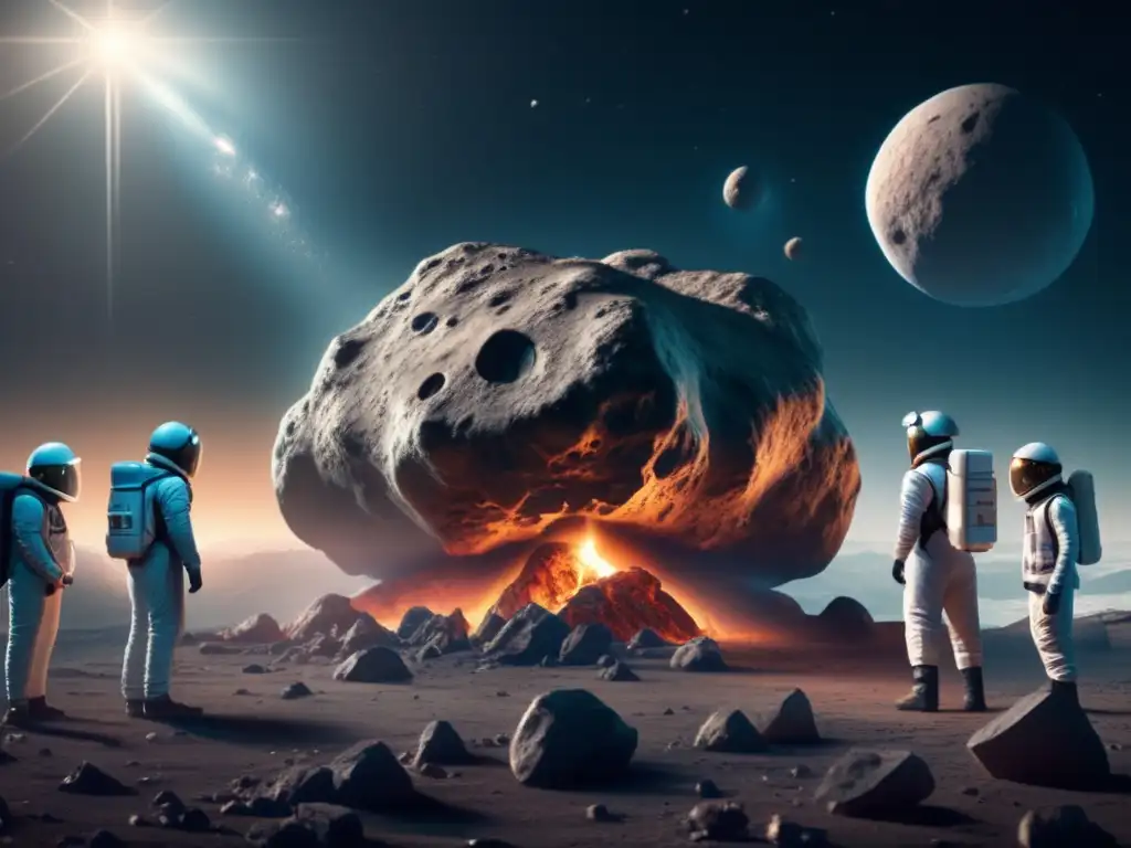 Dramatic and focused, an exquisite representation of a diverse team of scientists and engineers delving deep into the secrets of an asteroid, united in their quest for knowledge and discovery