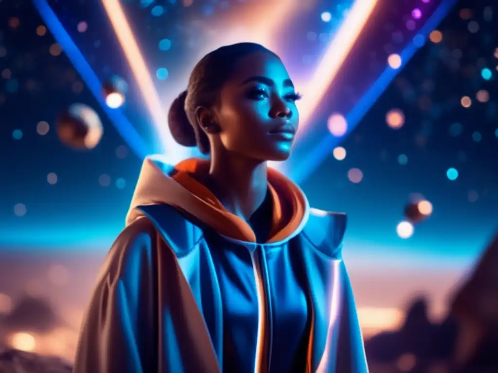 A celestial being floats in space surrounded by glistening asteroids, exuding a mesmerizing aura