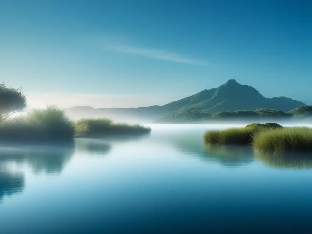 Serene Lagoon: A Photorealistic Oasis in the Blue Sky A breathtaking view of a still and peaceful lagoon, the water calmly reflecting the azure sky above, while a delicate line of mist hovers in the horizon -