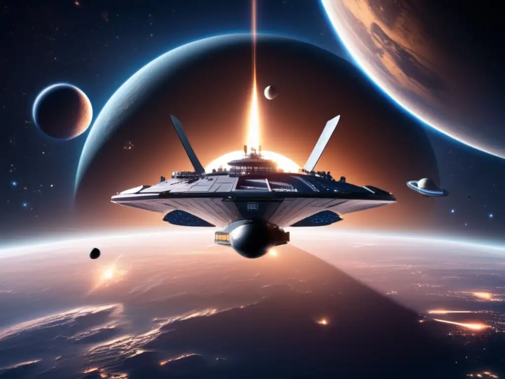 A photorealistic portrait of a sleek battleship protecting a serene planet with a beautiful glow