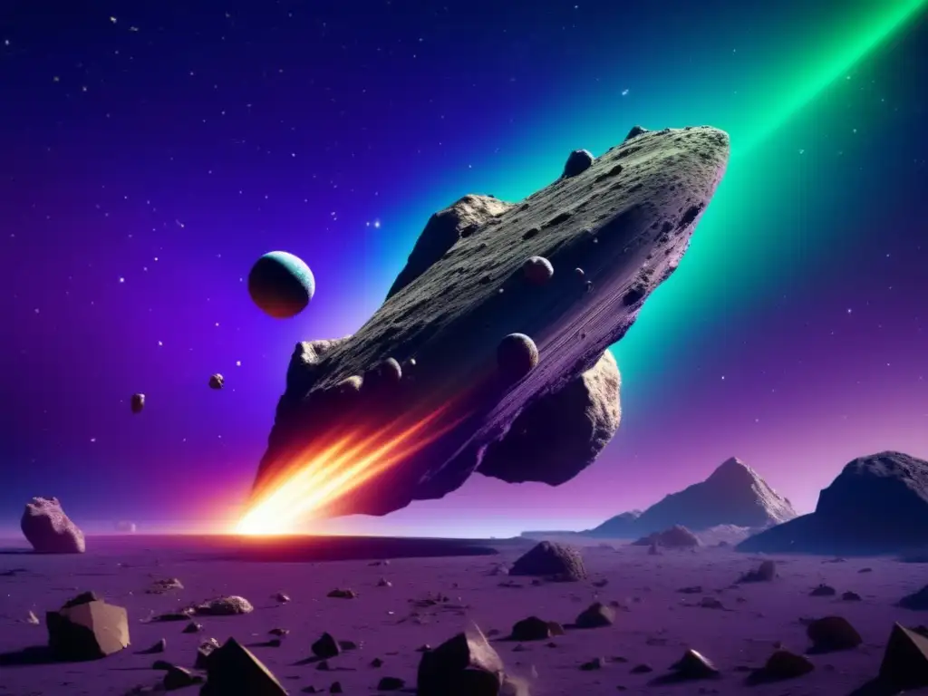 A breathtaking photorealistic rendering of Asteroid Voyager 2 streaking through the cosmos, leaving a trail of debris in its wake