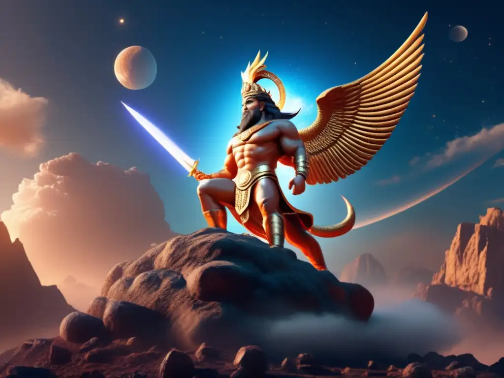 A godly presence, soaring through the cosmos on an asteroid chariot, radiates power and majesty