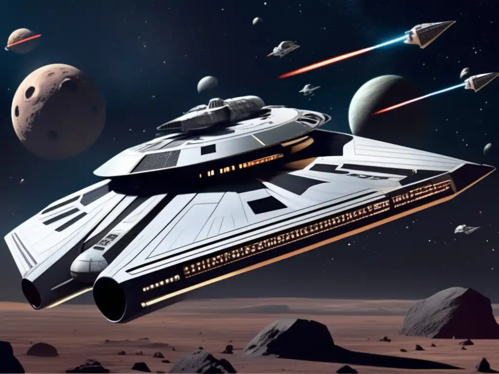 A stunning image of a sleek and futuristic Star Wars spacecraft gracefully maneuvering through a dark and tumultuous asteroid field