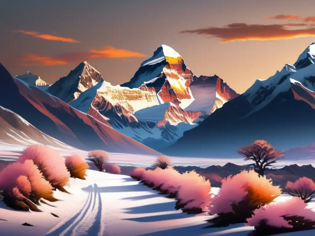A breathtaking photorealistic image of the barren, snow-covered landscape with Mt