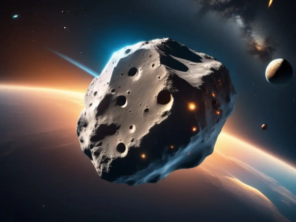 A thrilling photorealistic image of Asteroid Euphorbus, in stunning 8k resolution, with a focused orbit around Earth