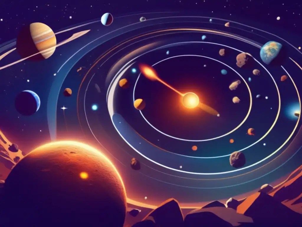 Inner Solar System Awaits: A Detailed Image of Rocky Asteroids and Planetary Features A breathtaking depiction of the inner solar system, with the sun as the focal point, surrounded by a cluster of diverse asteroids