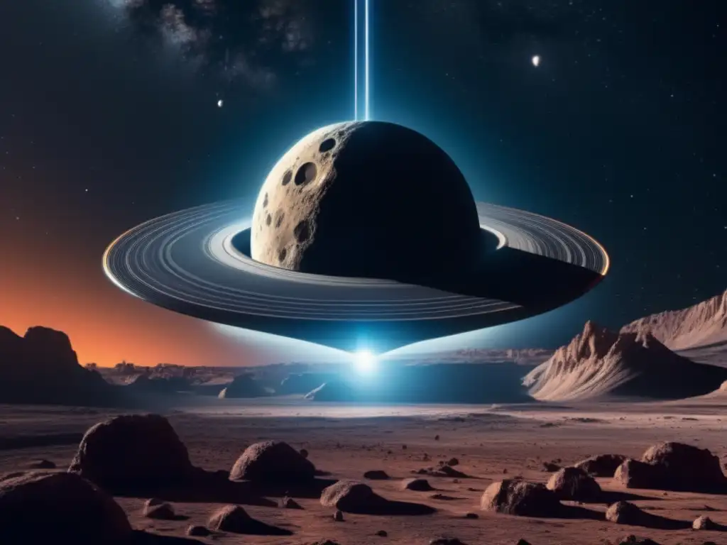 A stunning depiction of a solar-powered spacecraft descending through an asteroid's rocky surface, expertly highlighting the subtle contours of unique formations
