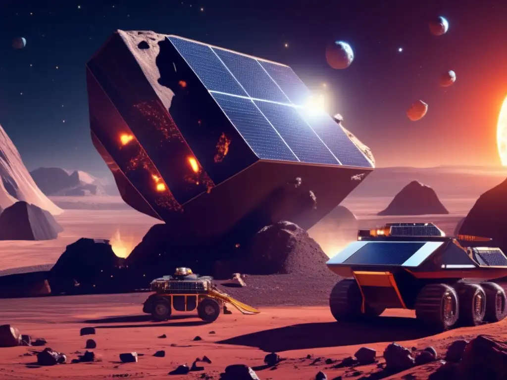 A photorealistic rendering of a colossal asteroid piercing the sky, illuminated by the radiant light of a solar panel