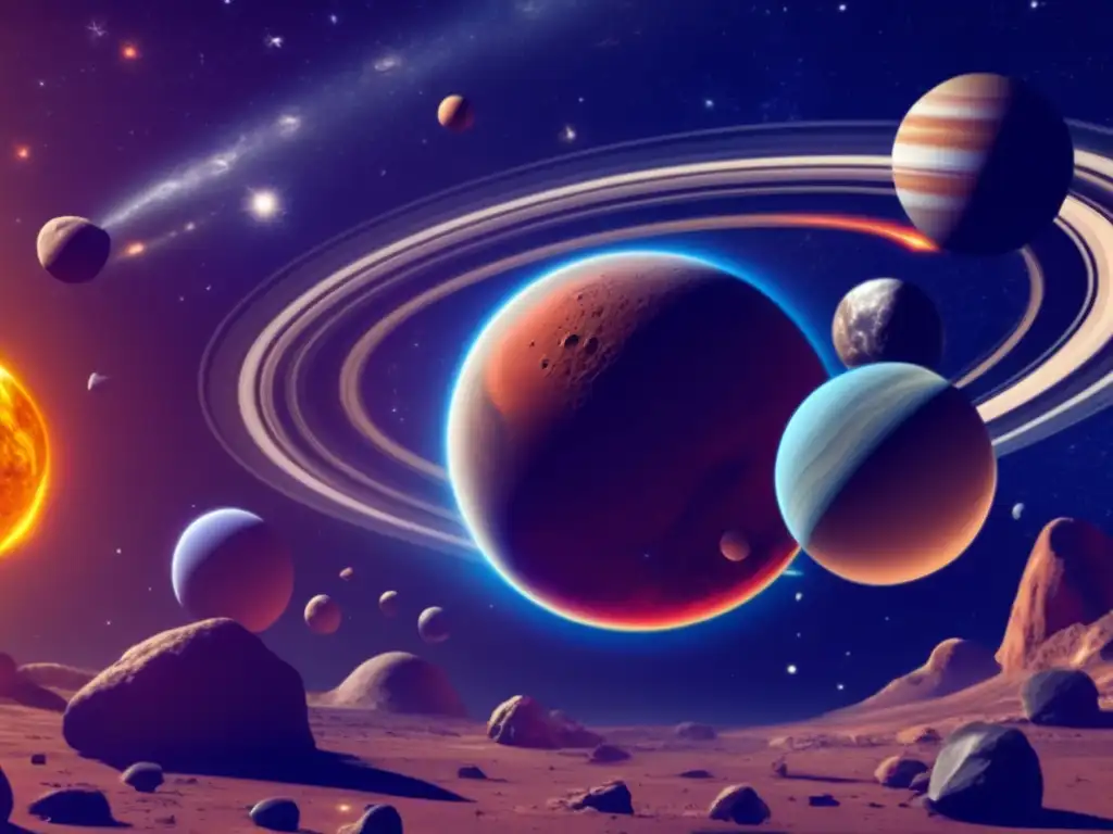 A breathtaking view of our solar system, teeming with asteroids in their celestial dance around the majestic Saturn and Mars