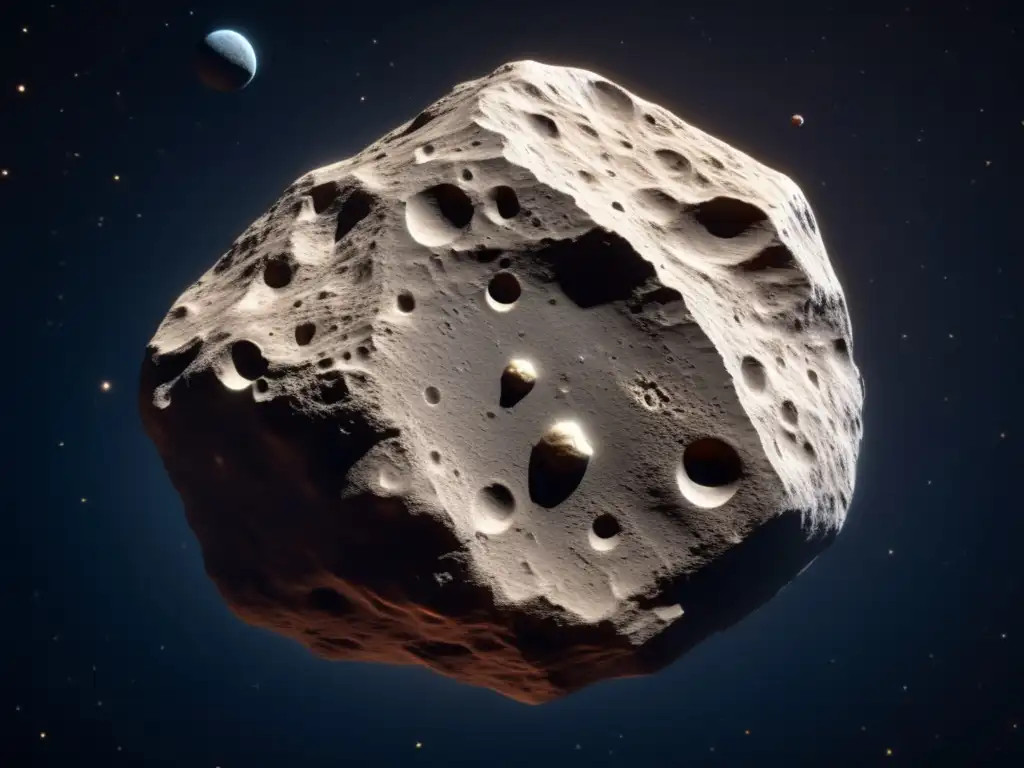 A breathtaking photorealistic image of an asteroid in space, captured with incredible detail, showcasing its unique texture, contours, and features